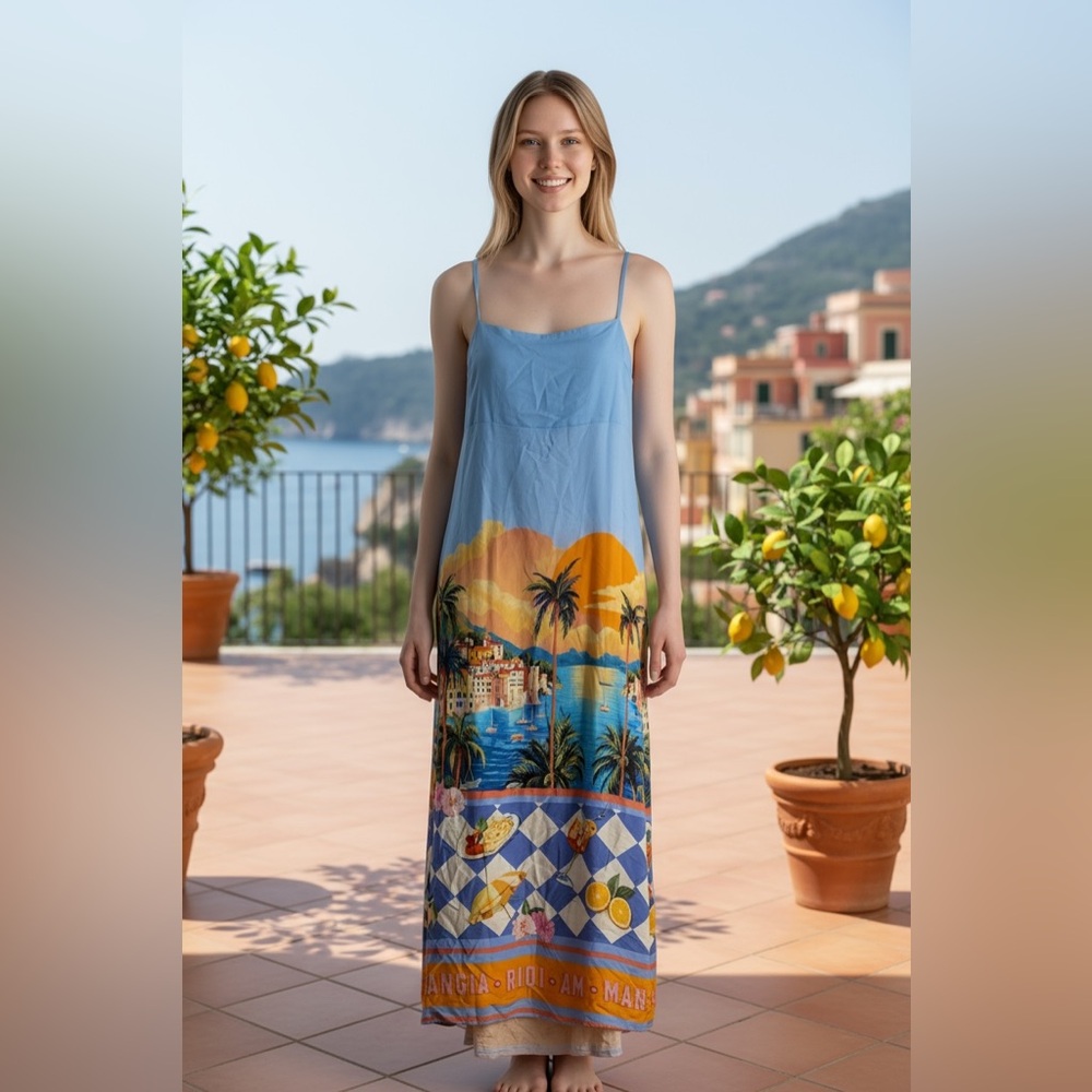 Paper Heart Mediterranean Landscape Tropical Maxi Dress M New Blue Ocean Resort